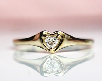 14K Diamond Heart Signet Ring, Solid Gold Ring, 10K Gold Ring, Heart Diamond Ring, April Birthstone, Heart Ring, Prong, Unique Find