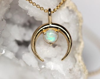 14K Gold Opal Crescent Moon Pendant, Moon Necklace, Opal Necklace, 10K Gold, Solid Gold Necklace, Real Gold, Layering Necklace, Half Moon