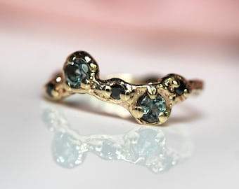 14K Grey Spinel and Black Diamond Ring, Wave Texture Ring Organic Texture Ring, Solid Gold, Molted Gold Ring, 10K Gold, Unique Ring