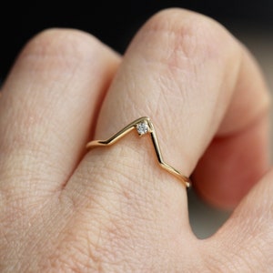 14K Diamond Chevron Ring, V Ring, Solid Gold, Stacking Ring, Wedding Band, Triangle Ring, Deep V, Single Stone, Curved Ring, Geometric Ring image 4