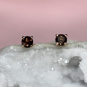 May include: A pair of round, dark brown gemstone stud earrings set in gold-toned metal prongs. Each earring features a faceted circular stone that reflects light, showcasing deep chocolate hues and a polished finish, presented as a matching set.