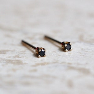 14K Gold Tiny Black Diamond Studs, Black Diamond, Black Stone, Tiny Earrings, Solid Gold, Gold Stud, Real Gold, Post Studs. Four Prong