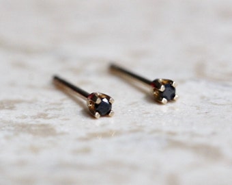 14K Gold Tiny Black Diamond Studs, Black Diamond, Black Stone, Tiny Earrings, Solid Gold, Gold Stud, Real Gold, Post Studs. Four Prong