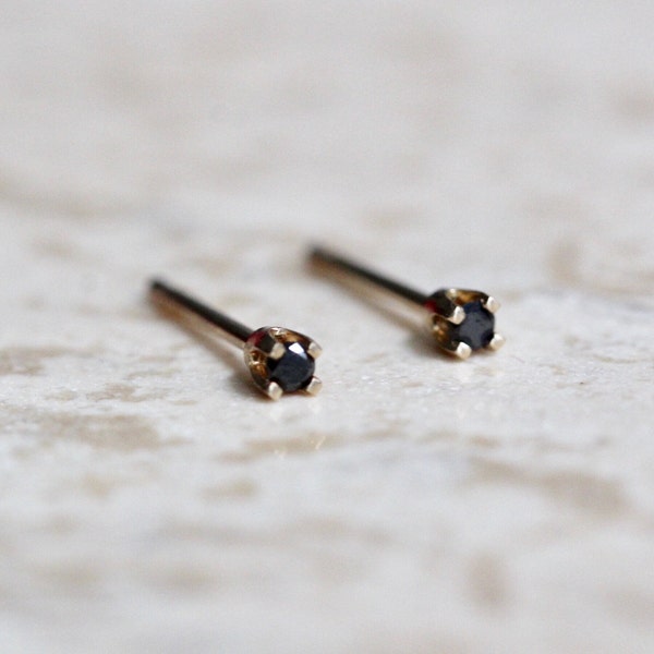 14K Gold Tiny Black Diamond Studs, Black Diamond, Black Stone, Tiny Earrings, Solid Gold, Gold Stud, Real Gold, Post Studs. Four Prong