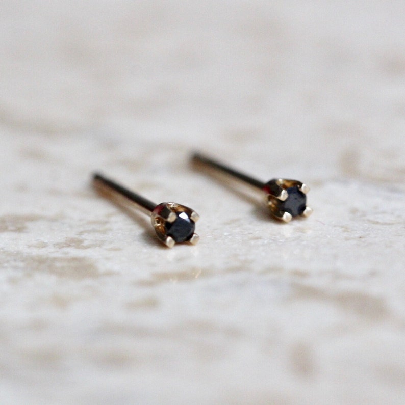 14K Gold Tiny Black Diamond Studs, Black Diamond, Black Stone, Tiny Earrings, Solid Gold, Gold Stud, Real Gold, Post Studs. Four Prong image 1