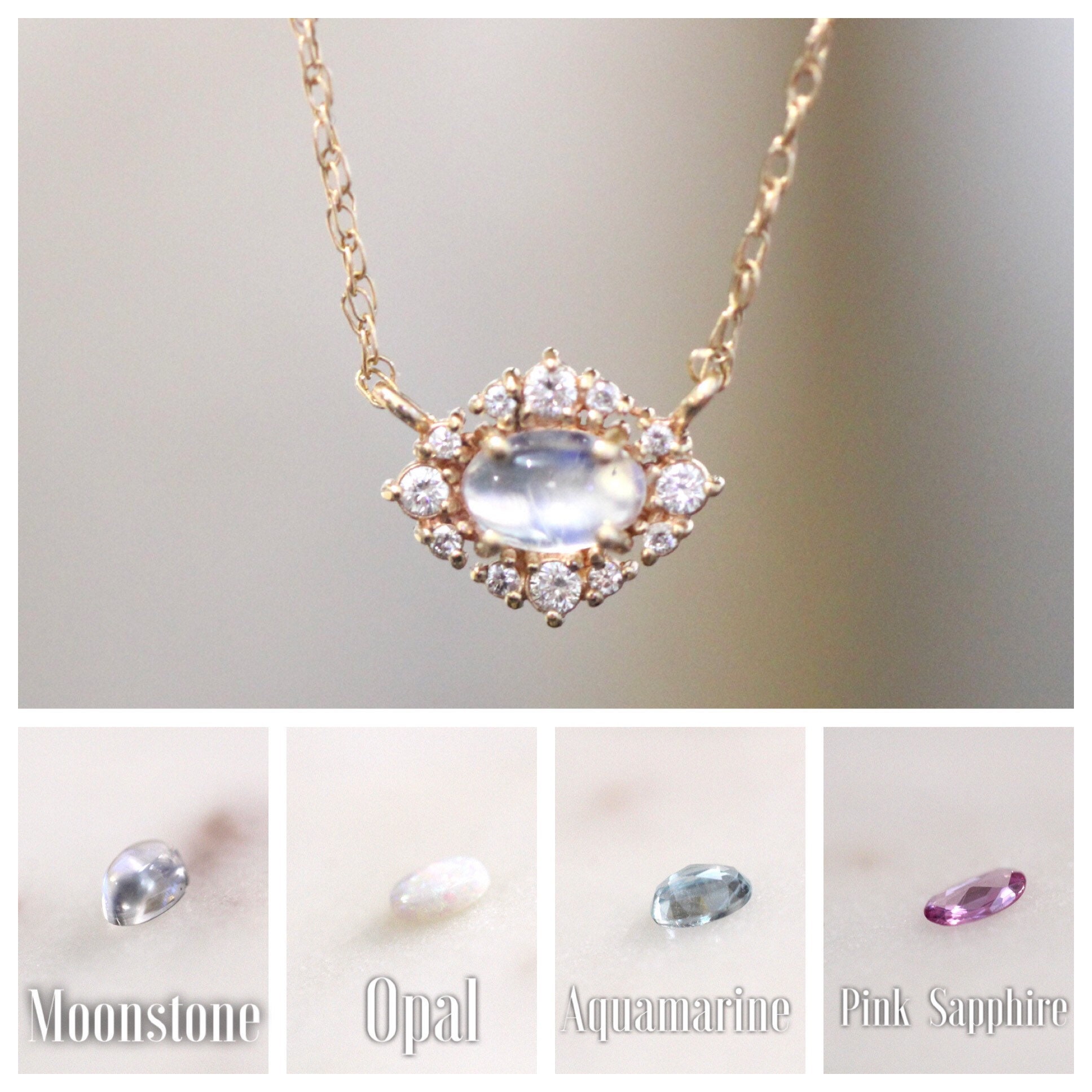 14K Gold Oval Halo Necklace, Halo Cabochon Necklace, Cluster Necklace