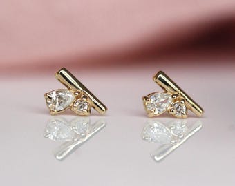 14K Gold Pear Diamond Cluster Studs