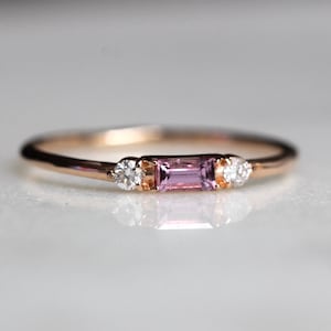 14K Pink Sapphire Baguette Ring, Three Stone Ring, Stacking Ring, Rectangle Stone, Sapphire Diamond, Step Cut Gemstone, Real Gold Ring