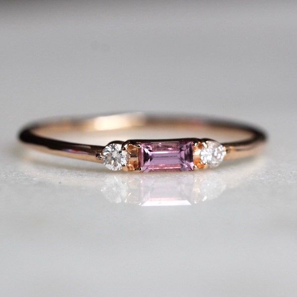 14K Pink Sapphire Baguette Ring, Three Stone Ring, Stacking Ring, Rectangle Stone, Sapphire Diamond, Step Cut Gemstone, Real Gold Ring