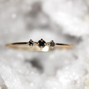 14K Gold Three Stone Black Diamond, Minimal Jewelry, Engagement Ring, Diamond Ring, Dainty Ring, Three Stone Ring, Black Stone Ring, 10K