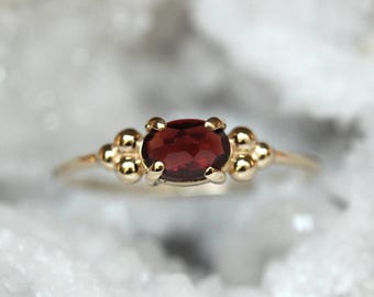 14K Triple Bead Garnet Ring, Oval Garnet, Gemstone Ring, January Birthstone, Red Stone, Accented Ring, Oval Gemstone, 10K, Rose-cut