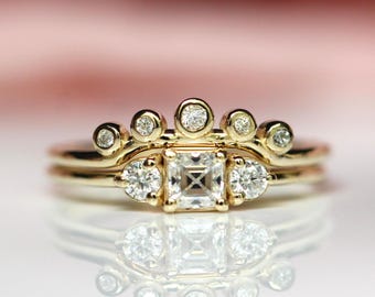 14K Asscher Cut Three Stone Ring Set, Wrap Ring Set, Low Profile Engagement Ring Set, Bezel Setting, Solid Gold Ring Set, 10K, Two Rings