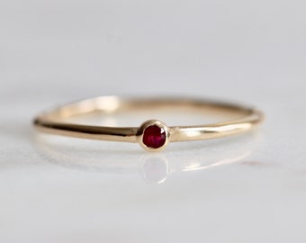 14K Gold Tiny Ruby Ring, Red Stone Ring, Burgundy Stone Ring, Dainty Jewelry, Stacking Ring, July Birthstone, Bezel Setting
