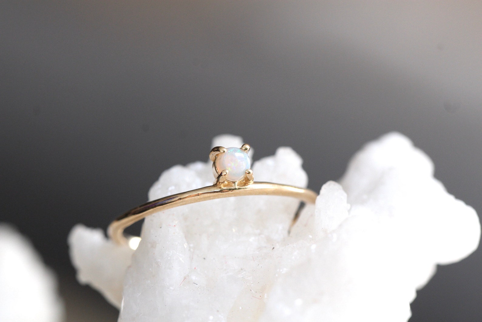 14K Gold Opal Ring, Iridescent Stone, Floating Stone, White Stone Ring ...