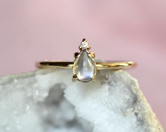 14K Gold Pear Moonstone & Diamond "Unicorn Tears" Ring