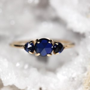14K Gold Blue Sapphire Ring, Three Stone Ring, Triple Cabochon, Rose-Cut Stone, 10K September Birthstone, Blue Stone Ring, Navy Blue Stone