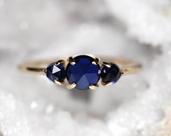 14K Gold Blue Sapphire Ring, Three Stone Ring, Triple Cabochon, Rose-Cut Stone, 10K September Birthstone, Blue Stone Ring, Navy Blue Stone
