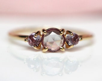 14K Alexandrite Ring, Three Stone Ring, Three Cabochon Ring, Color Changing Stone, Lab Made, 10K, June Birthstone, Purple Green, Rose Cut