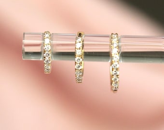 14K Diamond Huggie Hoops, Tight Diamond Hoops, Clicker Hoops, Sparkle Hoops, Real Gold, Solid Gold, Minimalist Hoops, Stacker Earrings