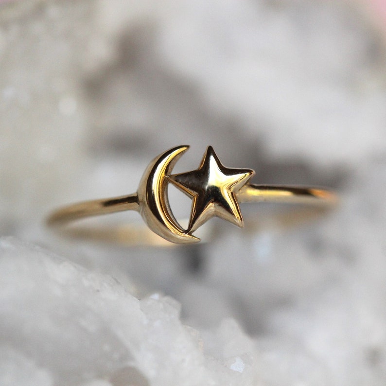 14K Star and Moon Ring, Solid Gold Ring, Astrology Jewelry, Minimal Jewelry, 10K, Celestial Jewelry, Star Ring, Moon Ring, Crescent Moon image 4