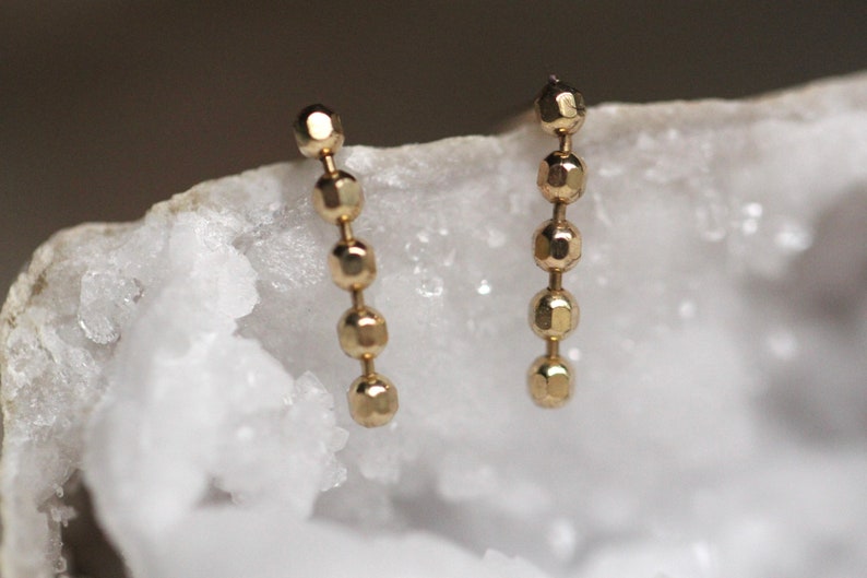 14K Gold Dangle Beaded Earrings, Drop Earrings, Post Dangle Earrings, Bezel Earrings, Bridal Earrings, Minimal Dangle Earrings, Stud image 4