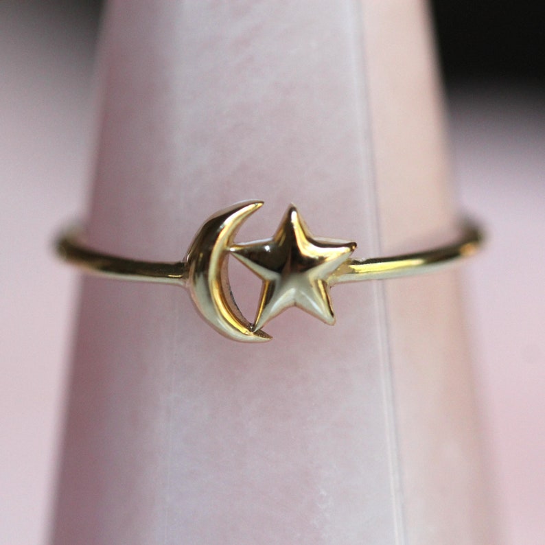 14K Star and Moon Ring, Solid Gold Ring, Astrology Jewelry, Minimal Jewelry, 10K, Celestial Jewelry, Star Ring, Moon Ring, Crescent Moon image 8