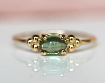 14K Triple Bead Green Tourmaline Ring, Oval Tourmaline, Gemstone Ring, October Birthstone, Green Stone, Accented Ring, Oval Gemstone, 10K