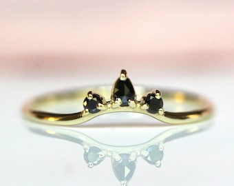 14K Curved Pear Black Diamond Ring, Three Stone Ring, Wedding Band, Diamond Wedding Band, Curved Stacking Ring, Arched ring, 10K