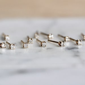 14K Gold Tiny Diamond Studs, Diamond Studs, Second Hole Studs, Dainty Studs, Solid Gold, Real Gold, Four Prong Stud, Minimal Jewelry image 3