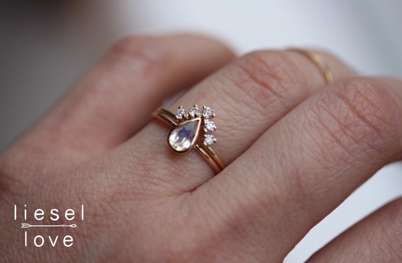 14K Gold Moonstone Pear Engagement Ring Set, Royal Ring Set, Pear Bezel, Moonstone Ring, Moonstone Engagement Ring, Engagement Ring image 4