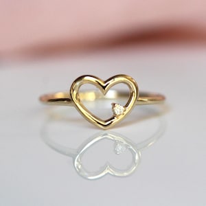 14K Heart Ring, Diamond Heart Ring, Open Heart Ring, Sold Gold Heart Ring, Gifts For Her, Asymmetrical Diamond, Cute Ring, Real Gold, 10K