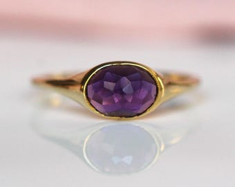 Solid Gold East West Oval Amethyst Bezel Ring (14K or 10K)