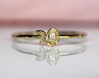 14K Gold Single Rose Ring, Diamond Rose Ring, Single Flower Ring, Stacking Flower Ring, Petite Flower Ring, Gifts for her, Diamond Ring