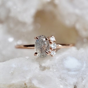 14K Gold Labradorite Diamond Ring, "Lace" Ring, Labradorite Ring, Cluster Ring, Asymmetrical Ring, Oval Stone Ring, Four Stone, Solid Gold