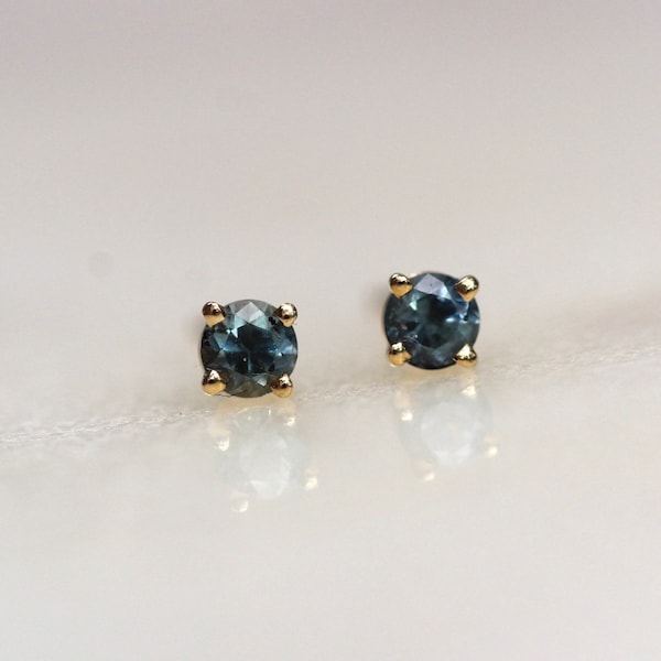 14K Gold Montana Sapphire Stud, 3mm Stone, Sapphire Earring, Teal Sapphire, American Mined, Everyday Wear, September Birthstone, Blue Green