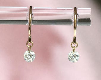 14K Gold Floating Diamond Hoop Earrings, Huggie Hoops, Round Diamond, Lab Made Diamond, Minimal Jewelry, Tight Hoops, Sparkle Diamond, 10K