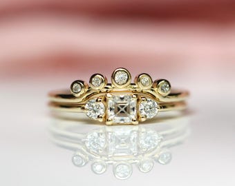 14K Asscher Cut Three Stone Ring Set, Wrap Ring Set, Low Profile Engagement Ring Set, Bezel Setting, Solid Gold Ring Set, 10K, Two Rings
