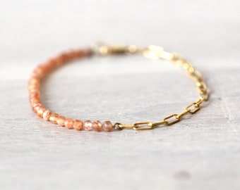 Sunstone 14K Gold Filled Bracelet, Half Chain Half Beaded Bracelet, Gemstone Bracelet, Paperclip Chain, Orange Stone, Natural Sunstone