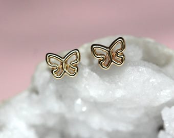 14K Gold Butterfly Studs, Nature Studs, Post Earrings, Real Gold, Solid Gold Studs, Wings, Gift for Her, Everyday Wear, Butterfly Earrings