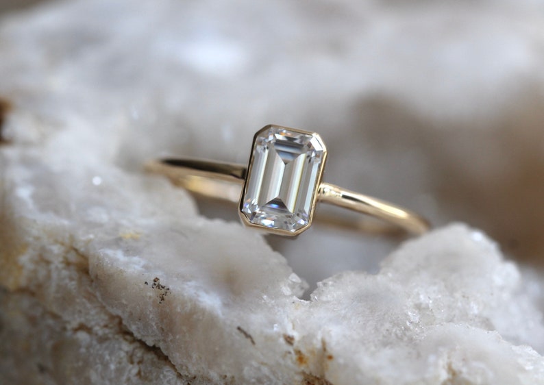 14K Gold Octagon Moissanite Ring, Emerald Cut Bezel, Moissanite Engagement Ring, Solitaire Ring, Diamond Substitute, Step Cut stone image 6