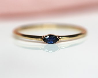 14K Gold Marquise Blue Sapphire Ring, "Wink" Ring, Stacking Ring, Midi Ring, 10K Promise Ring, Blue Stone Ring, Double Point Stone, V Prong