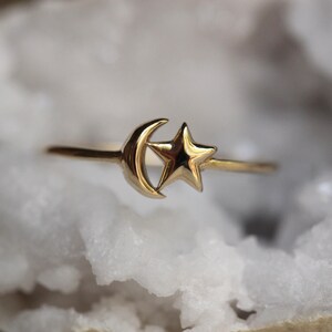 14K Star and Moon Ring, Solid Gold Ring, Astrology Jewelry, Minimal Jewelry, 10K, Celestial Jewelry, Star Ring, Moon Ring, Crescent Moon image 7