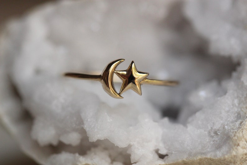 14K Star and Moon Ring, Solid Gold Ring, Astrology Jewelry, Minimal Jewelry, 10K, Celestial Jewelry, Star Ring, Moon Ring, Crescent Moon image 7