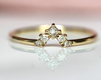 14K Gold Princess Diamond Chevron Ring, "Empress" Ring, Engagement Ring, Solid Gold, Diamond Ring, Dainty Ring, Wedding Band, 10K