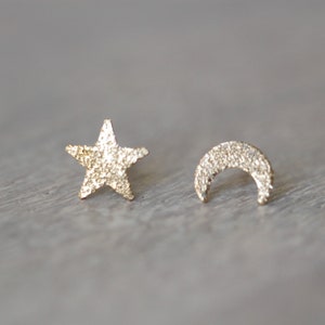 Solid 14K Star and Moon Studs, Glitter Texture, Night Sky, Gold Earring, Sparkle Finish, Mismatch Studs, Mix and Match, Astrology Jewelry image 6
