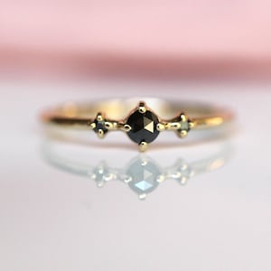 14K Gold Black Diamond Ring, "Black Swan" Ring, Black Diamond Engagement Ring, Diamond Ring, 10K Dainty Ring, Black Stone Ring, Roung Stone,