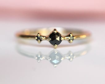 14K Gold Black Diamond Ring, "Black Swan" Ring, Black Diamond Engagement Ring, Diamond Ring, 10K Dainty Ring, Black Stone Ring, Roung Stone,