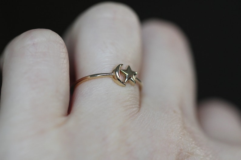 14K Star and Moon Ring, Solid Gold Ring, Astrology Jewelry, Minimal Jewelry, 10K, Celestial Jewelry, Star Ring, Moon Ring, Crescent Moon image 6