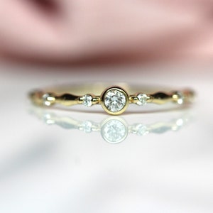 14K Diamond Accented Wave Ring, Scalloped Band, 10K Gold Ring, Bezel Ring, Round Stone, April Birthstone, Solid Gold Ring, Stacking Ring