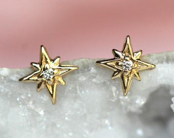 14K Gold Diamond "North Star" Studs